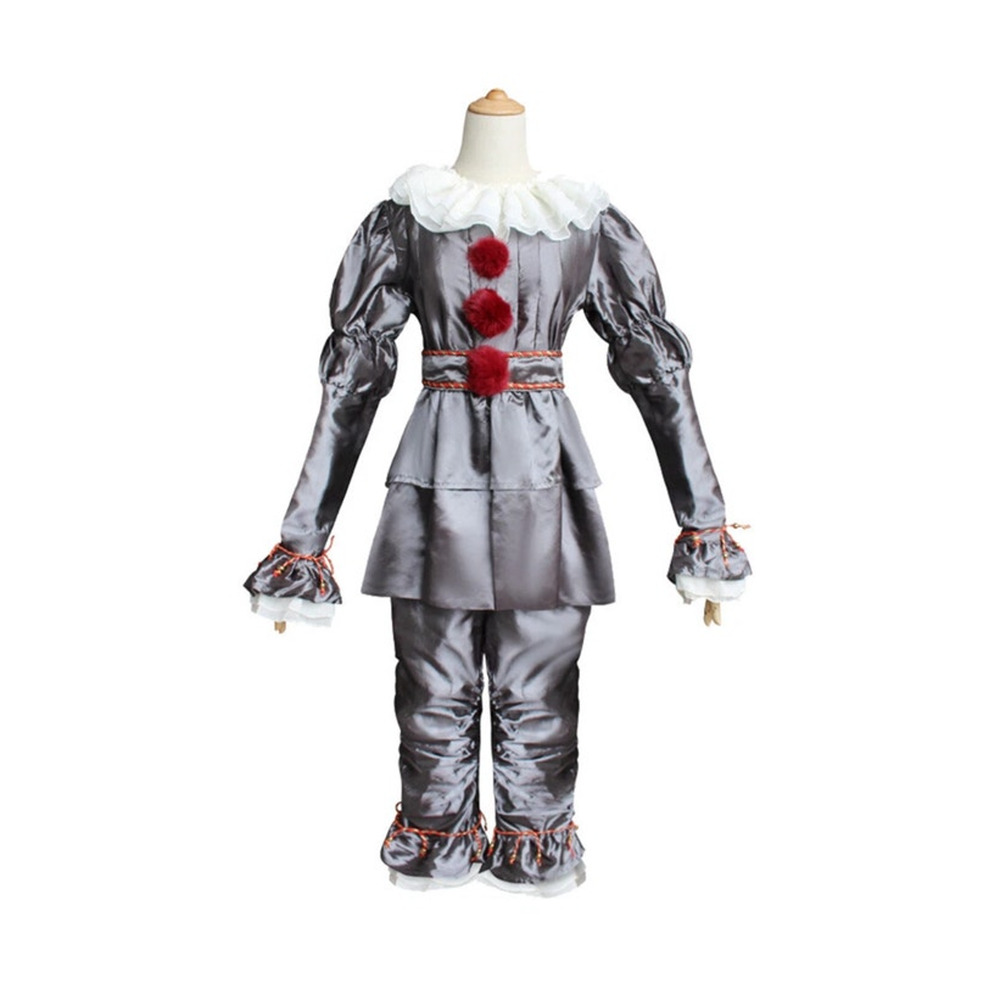Kids Creepy Clown Costume Gray Red Pom Pom Halloween Size 140 M Complete Set